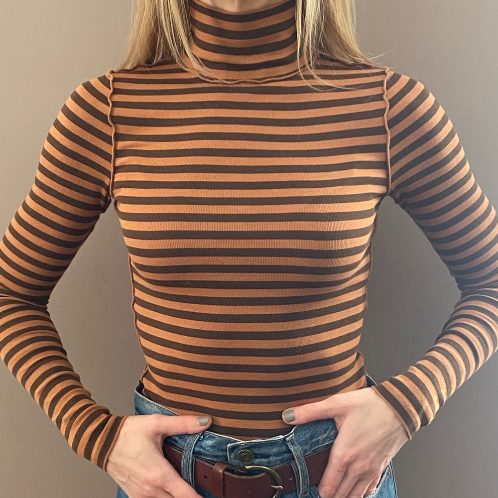 Free People We The Free Good Good Striped Turtleneck Size XS (Brown/Tan Stripe)
